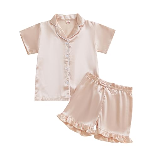 fyclemt Toddler Baby Girl Boy Silk Pajamas Set Solid Color Short Sleeve Button Shirts Top Shorts Satin Sleepwear Lounge Sets (Champagne Ruffled Solid Color 3-4 Years)