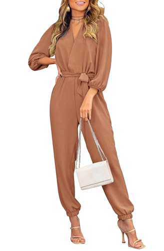 PRETTYGARDEN Women's Fall Jumpsuits Dressy Casual Pants Romper Spring Long Sleeve V Neck Belt Pockets One Piece Outfits
