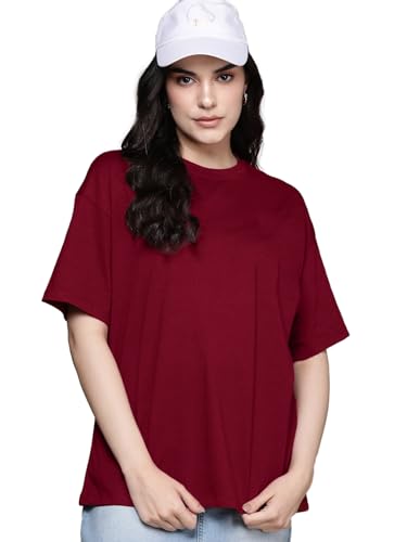 Image of LEOTUDE Women's cotton Oversized Fit Oversized Half Sleeve Tshirt, Round Neck Longline Drop Shoulder Solid T-Shirt