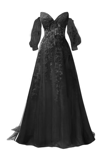 Puffy Sleeve Tulle Prom Dresses for Women 2025 Off The Shoulder Lace Applique Corset Wedding Dress Ball Gown with Slit