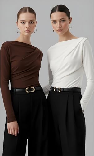 Image of SIGHTBOMB SOFTLINE Asymmetric Boat Neck FRONTFLOW Gathered Waterfall Afford LUX Edition Formal WEAR Long Sleeve Feather Touch TOP for Women