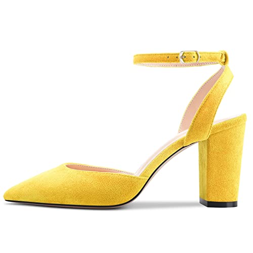 Castamere Women Chunky Block High Heel Pointed Toe Ankle Strap Two-Piece Pumps Wedding Dress 3.2 Inches Heels2