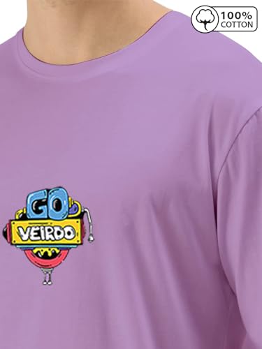 Image of Veirdo Oversized Baggy Fit Pure Cotton Drop Shoulder Half Sleeve & Aesthetic Black & Lilac Back Doodle & Tiger Graphic Printed Round Neck T-Shirt for Men