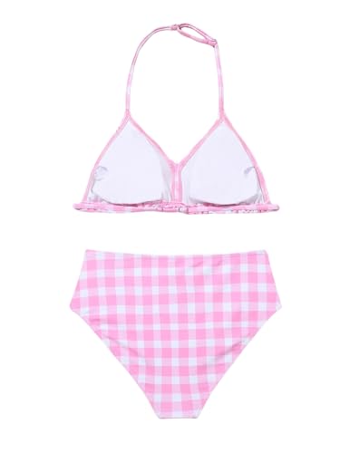 WDIRARA Girl's 2 Piece Swimsuits Cute Plaid Halter High Waisted Bikini Beach Sport Bathing Suit2