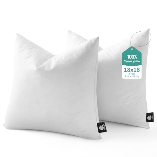 BPC Luxury Feather Down 18x18 Pillow Inserts Set of 2 Soft Fluffy Throw Pillow Inserts 100% Organic Cotton Cover Square Pillows for Couch Living Room Bed Sofa