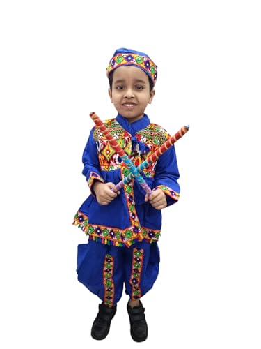 Image of BookMyCostume Blue Gujarati Kedia With A Pair of Dandiya Sticks Combo - Traditional Outfit for Navratri & Festivals | Gujarat Fancy Dress Costume For Kids & Adults 10-11 Years