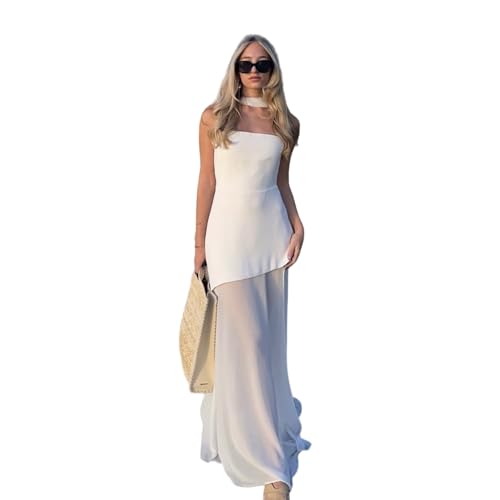 Women's Elegant Strapless Prom Maxi Dress with Scarf Sexy Mesh Backless Split Party Club Cocktail Evening Formal Dresses White