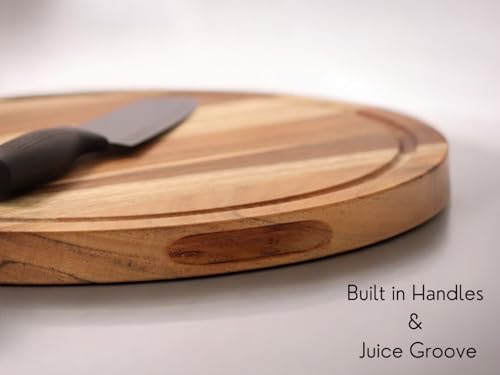 Image of Vesta Homes Wooden Round Chopping Board, Cutting /Serving Board, Charcuterie, and Cheese Board for Kitchen | Natural Acacia Wood | 38 x 38 x 2.5 cms | Handcrafted in India