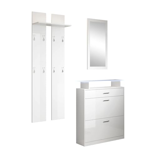 MB Muebles Bonitos, Conjunto Recibidor Paola Set con Zapatero, Espejo, Perchero, Luz LED, Diseño Moderno, Melamina Brillo, Color Blanco