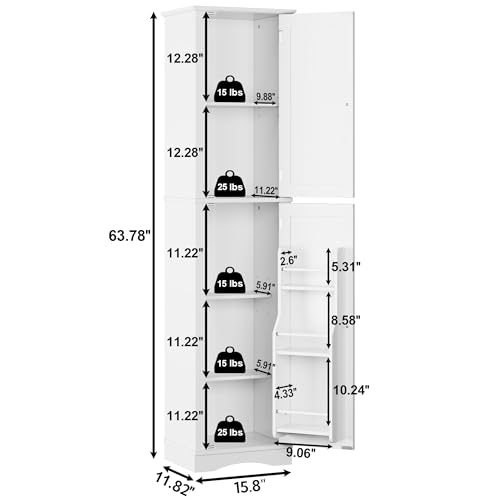Function Home Tall Bathroom Storage Cabinet, 64" Slim Kitchen Pantry with Door Storage, Narrow Wood Freestanding Cabinets with Adjustable Shelves for Kitchen Living Room Dining Room, White