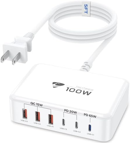 Aiminu 100W USB C Charging Station, 6-Port PD 65W Max Fast Charger, GaN Desktop Charger with 3 USB-C (65W/20W) & 3 USB-A (15W), for MacBook, Dell, iPad, iPhone 17/16/15, Galaxy S25/S24, Pixel 10/9