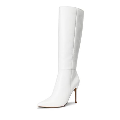 DREAM PAIRS Knee High Boots for Women, Sexy Pointed Toe Stiletto High Heel Boots, Fashion & Classic Dress Shoes 8 White-pu