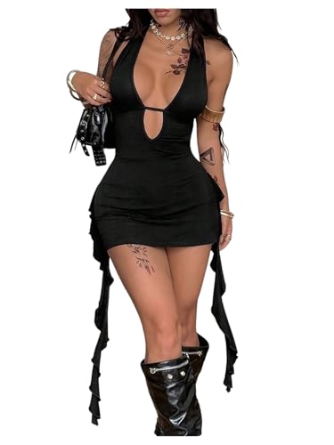 SOLY HUX Women's Halter Mini Dress Y2k Sexy Open Back Deep V Neck Backless Ruffle Fringe Bodycon...