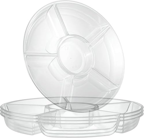 Junw 4 pack Clear Compartment Trays with 6 Section Reusable Plastic Trays and Platters for Parties 12 Serving Tray Perfect for Appetizers Snacks Veggie Candy Fruit & Nut