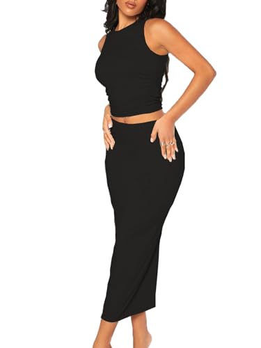 Image of Bdwinz Women's Casual 2 Piece Dress Round Neck Tank Top Bodycon Midi Skirt Dress Set