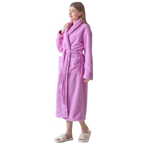 KORBLISS Batas para mujer – Bata de baño larga de forro polar de felpa de alta calidad para mujer con cuello de chal, bata suave y cálida para mujer, Rosa, Large