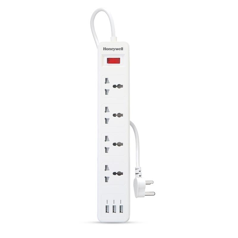Honeywell 4 Outlet Extension Board with Master Switch, 6 Amps, 250V, 3xUSB, 4 International Sockets, Pure Copper, 6 Advanced Safety Features, 2 Mtr Power Cord, BIS Certified, 1 yr Warranty