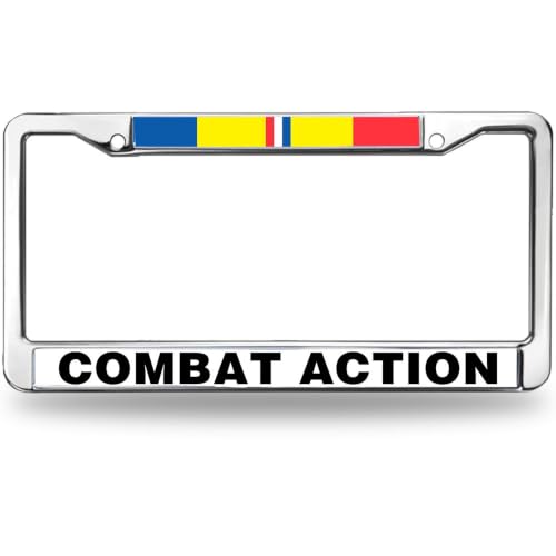 Image of Combat Action License Plate Frame Metal Veteran Car Tag Holder 2 Holes | Combat Action Ribbon License Plate Frame Metal Car Tag Holder Weatherproof Fit Standard US Auto Trucks Accessories
