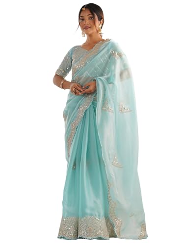 Image of Satrani Women's Tissue Silk Sequin Embroidery Scalloped Border Saree with Unstitched Blouse Piece