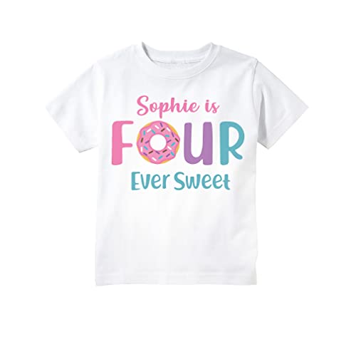 Donut Theme Birthday Party T-shirt for Girls for 4th birthday with Custom Name, Four-ever Sweet
