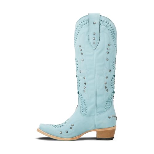 Lane Womens Cossette Embroidered Studded Snip Toe Casual Boots Knee High Low Heel 1-2" - Blue3