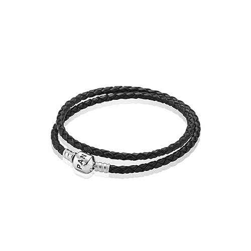 Bracelet double tour Pandora femme argent 925 et cuir noir 35 cm
