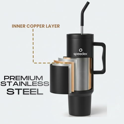 Image of Speedex 1200 ml Insulated Stainless Steel Tumbler with Handle, Straw & Cleaning Brush, Double Wall Leakproof Sipper Bottle, 24H Cold 18H Hot, Cup Holder Fit Travel Mug for Men Women (Black, 1.2 l)