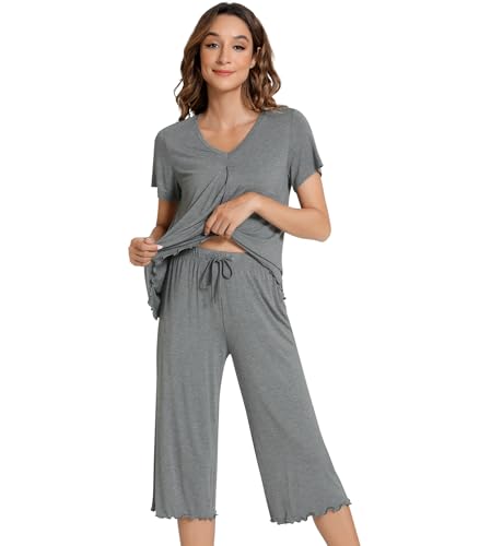 Image of NACHILA Women's Pajama Sets Cooling Bamboo Viscose V-Neck Top & Capri Pants | Lightweight, Breathable, Moisture-Wicking, Buttery Soft, Ideal for Hot Sleepers, Night Sweats and Hot Flashes, Sleep & Lounge