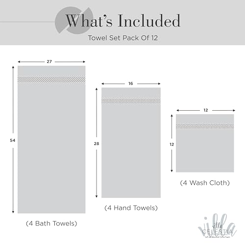 Image of 12-Piece 100% Cotton Towel Set, 4 Bath Towels, 4 Hand Towels, 4 Wash Cloth, Quick-Dry, Silver