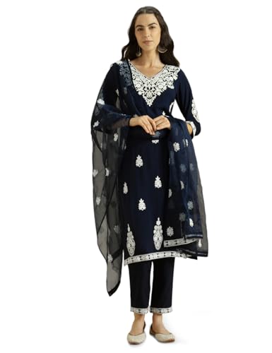 Image of Kaari Women's Chikankari Kurta Set with Dupatta - Straight Fit | Organza Dupatta | Straight Pant with Side Pocket | Kurta Set for Women