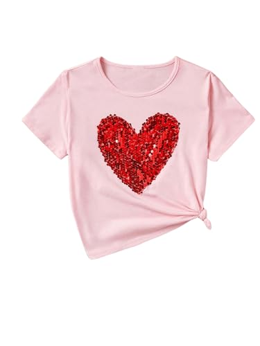 OYOANGLE Girl's Sequin Sparkle Heart Pattern Short Sleeve Round Neck T Shirt Casual Summer Tees Tops