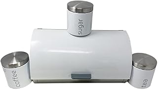 Contemporary Bread Bin & Tea Coffee and Sugar Storage Set, Jars Canisters With Stainless Steel Lid, Kitchen Storage Caddy Containers Tins With Rubber Seal (White Bread Bin with 3 Canisters Set)
