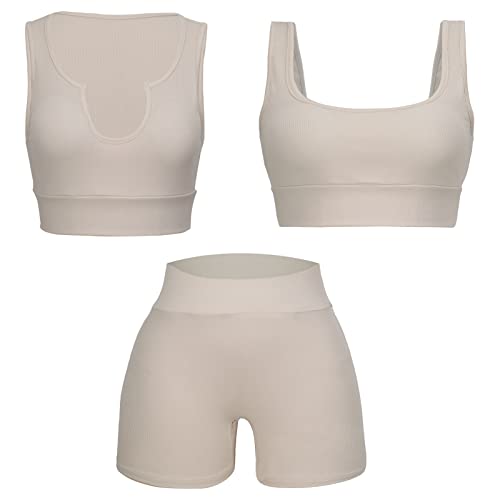 FRIUSATE Trajes de entrenamiento para mujer, gimnasio de 3 piezas, sin costuras, acanalados, pantalones cortos de cintura alta con sujetador, beige, L Cover