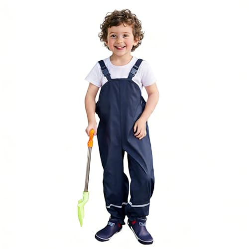 SSAWcasa Kids Rain Pants, Toddler Waterproof Little/Big Boys Girls Pants, Trail and Rain Splash Overalls, Mud Dirty Proof Suspender Trousers (Navy Blue, XS)