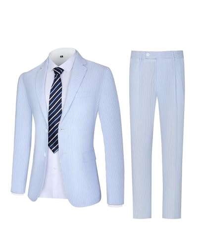 Seersucker Mens Suit 2 Piece Slim Fit Stripe Suits Tuxedo Blazer Jackets Pants Set Summer Beach Wedding Outfit for Men2