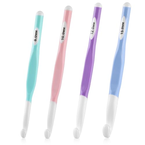 4PCS Crochet Hooks, 8mm/10mm/12mm/15mm Plastic Crochet Hooks with Rubber Handle, Crochet-Needles Set, DIY Yarn Weaving Tools for Knitting Blankets, Shawl, Carpet, Gloves, Bags, Hats, Socks and Scarf
