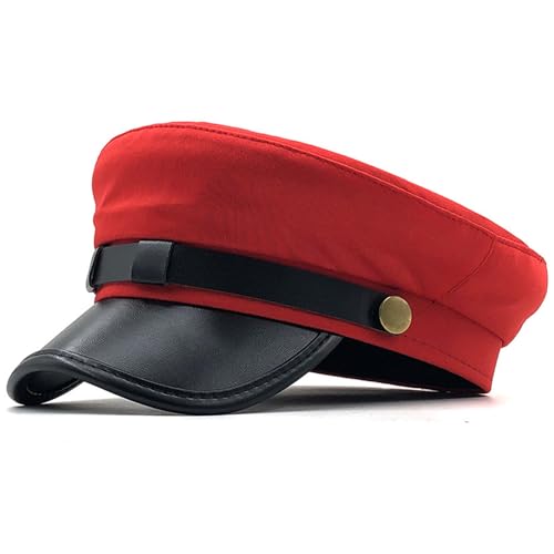 Jeorywoet Sombrero de chófer clásico Marinero Vintage Rojo Vendedor de periódicos Elegante capitán Cuero PU Gorra Plana sellada Boina para Mujeres y Hombres Disfraz