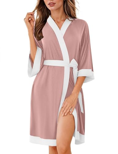 Image of Ekouaer Robes for Women Knee Length Bathrobe Lightweight Kimono Robe 3 /4 Sleeve Knit Sleepwear with Pockets
