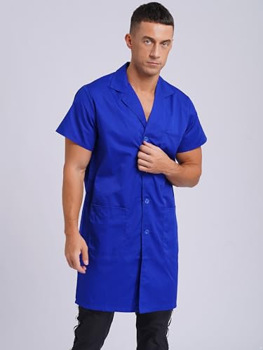 Image of Oyolan Unisex Wear Resistant Work Coat Lapel V Neck Short Sleeve Front Button Dustproof Jacket Lab Coat