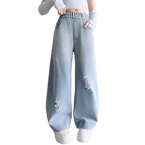 Viatabuna Baggy Ripped Jeans for Girls High Elastic Waist Wide Leg Distressed Denim Pants Kids Cute Pull On Jeans 5-14 Years