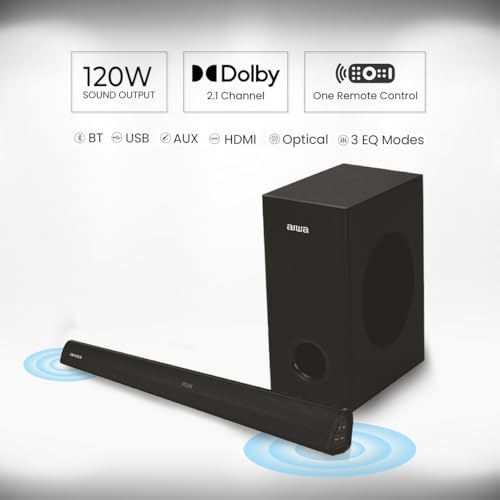 Image of Aiwa Signature Sound | Soundbar with Bluetooth V5.3 and Powerful Bass, 5.25 Inches Subwoofer, 2.1 Channel with Remote Control, SD Card HDMI AUX USB 120W Surround Sound | KANDO - AW-SSB120 (Black)