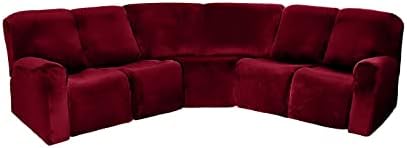 MINGPINHUIUS 7 Piece Velvet Stretch Recliner Corner Sofa Cover L Shape Sectional Couch Covers Soft Elastic Sofa Slipcover Furniture Protector for Living Room (Wine red, 5 Seat Recliner Cover)