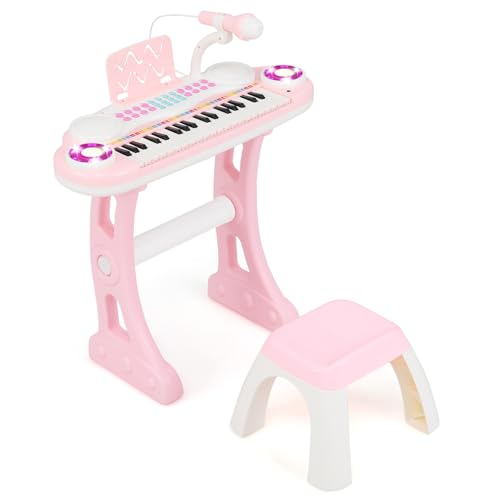 COSTWAY Piano Numérique à 37 Touches Enfants avec Tabouret & Microphone Réglable, Clavier Electronique avec Pupitre & Lumière, Enregistrement et Lecture, Charge 100kg pour Enfants de 18 Mois+