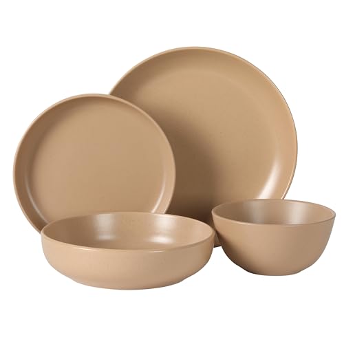 Image of Gibson Elite Leeds Court Plates and Bowls Sets, 16-Piece Stoneware Dinnerware Sets, Terracotta, Round Speckle Reactive Glaze Dish Set