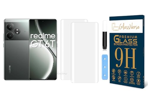 Image of GlassVerse Realme GT 6T UV Tempered Glass Screen Protector. Pack Of 2 | 3D Curved Edge | 9H Hardness | Full UV Glue with UV Light | Anti-Scratch | Case Friendly | HD Clear. (6.78 Inches)