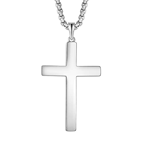 925 Sterling Silver High Polished Cross Necklace for Men,Christian Cross Pendant Jewelry for Men, 24