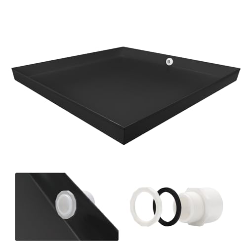 Heavy Duty Washing Machine Drain Pan 19 Guage Thick Stainless Steel 32X30X2-1/2in, Including 1' Drain Fittings (Matte Black)