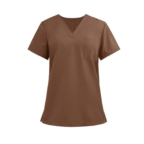 Image of FONMA Scrub Tops Women Plus Size Stretchy V-Neck Scrub Shirts with 4 Pockets Breathable Short Sleeve Nurse Uniforms