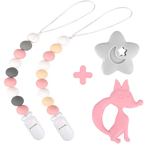 Silicone Pacifier Clip by Dodo Babies Pack of 2 + Teething Toy, Premium Teething Bead for Girls Modern Designs Universal Holder Leash for Pacifiers, Teething Toy or Soothie, Baby Shower Gift Set