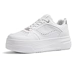 TIMEJOY Women's Platform Sneakers Chunky Tennis Shoes with Artificial Leather & Recyclable Material Insole Non-Slip Cushion for Casual, Streetwear & Daily Outfits(8 US, White/Silver)
